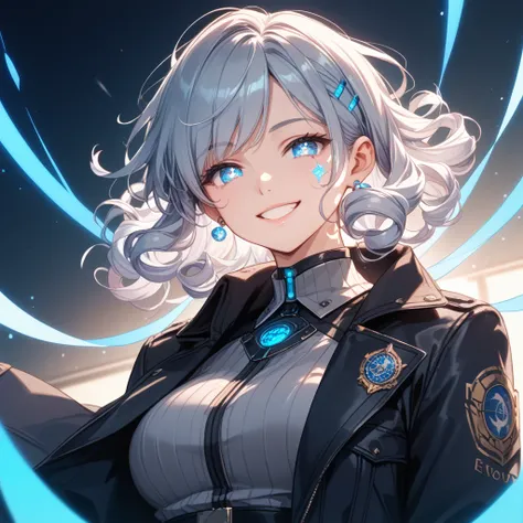 Android with a slim and nimble body、round and gentle face、big sparkling eyes、long curly hair with silver、dark gray tight jacket with blue glowing lines、Black Pants、 lab、smile、they are bouncing with their hands raised、bright and friendly expression、Soft, hu...