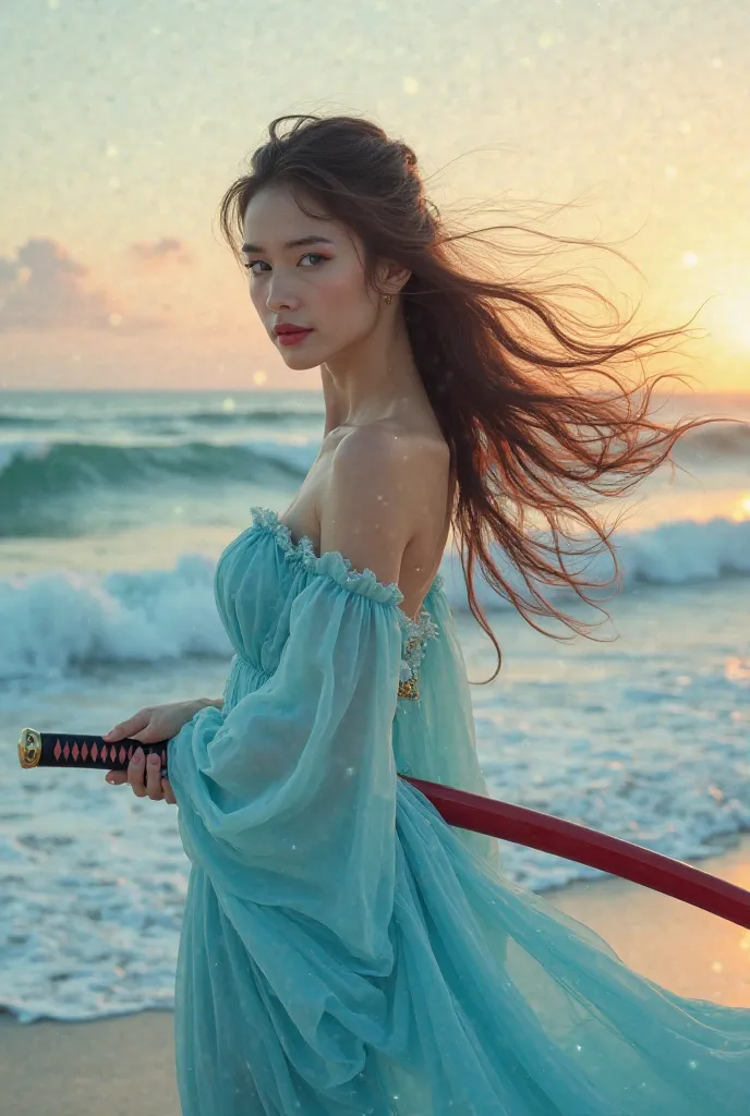 A charming blue-eyed beautiful woman, Sexy red lips and mysterious brunette hair mix long fluttering gently blown in the wind wearing pastel blue hanfu dress strapless standing hovering while holding long katana full color viscous red in turquoise sea in o...