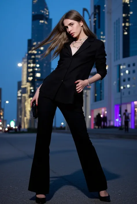 A full-body portrait of a woman standing in front of a sleek, modern cityscape at dusk. Dressed in a tailored, dark ensemble that exudes sophistication, she holds a poised stance with one hand lightly resting on a chic clutch while the other hangs naturall...