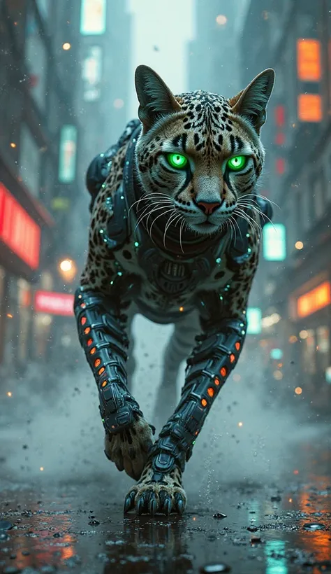 A swift cybernetic cheetah warrior with glowing green eyes, clad in lightweight, aerodynamic armor with digital designs. Racing through neon-lit backstreets with holographic gadgets and urban shadows.