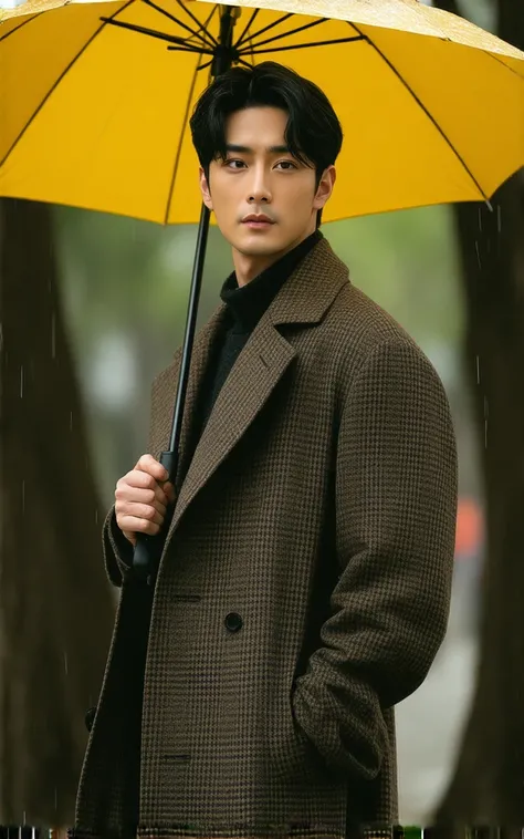 "A handsome Korean man with short black hair is standing under the rain while holding a bright yellow umbrella. He is wearing a long checkered coat with a combination of brown and beige, giving an elegant and warm look. The background is a night scene with...