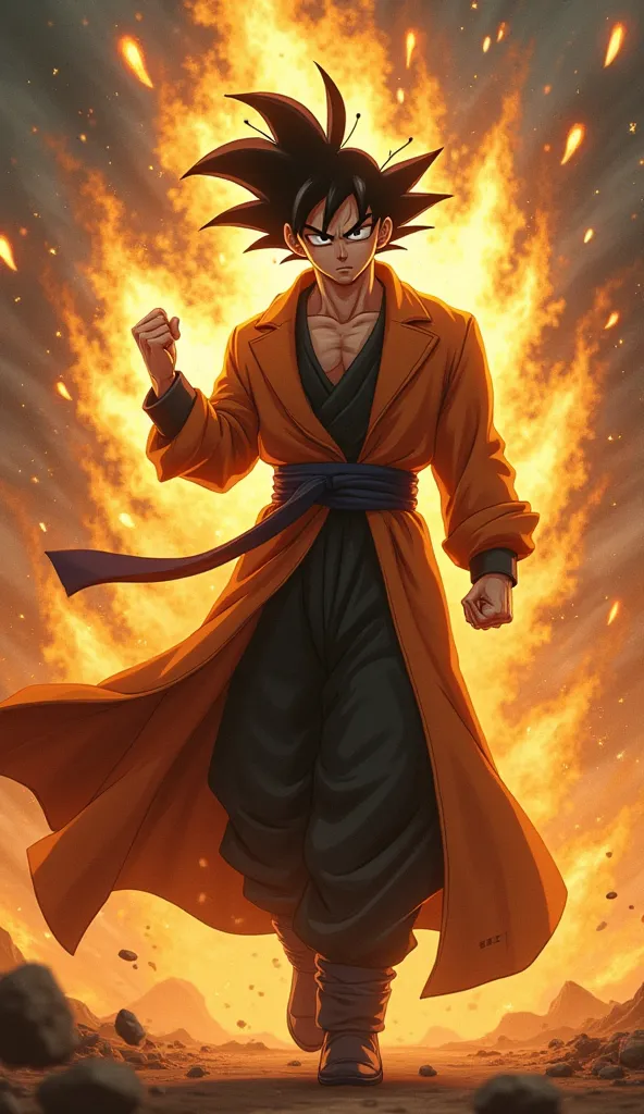 "A hyper-realistic fusion of Goku and Dazai Osamu, standing in a battlefield where energy waves collide. He has Goku’s Super Saiyan aura but with Dazai’s calm and enigmatic expression. His outfit is a fusion of a battle-worn Saiyan gi and a long, flowing t...