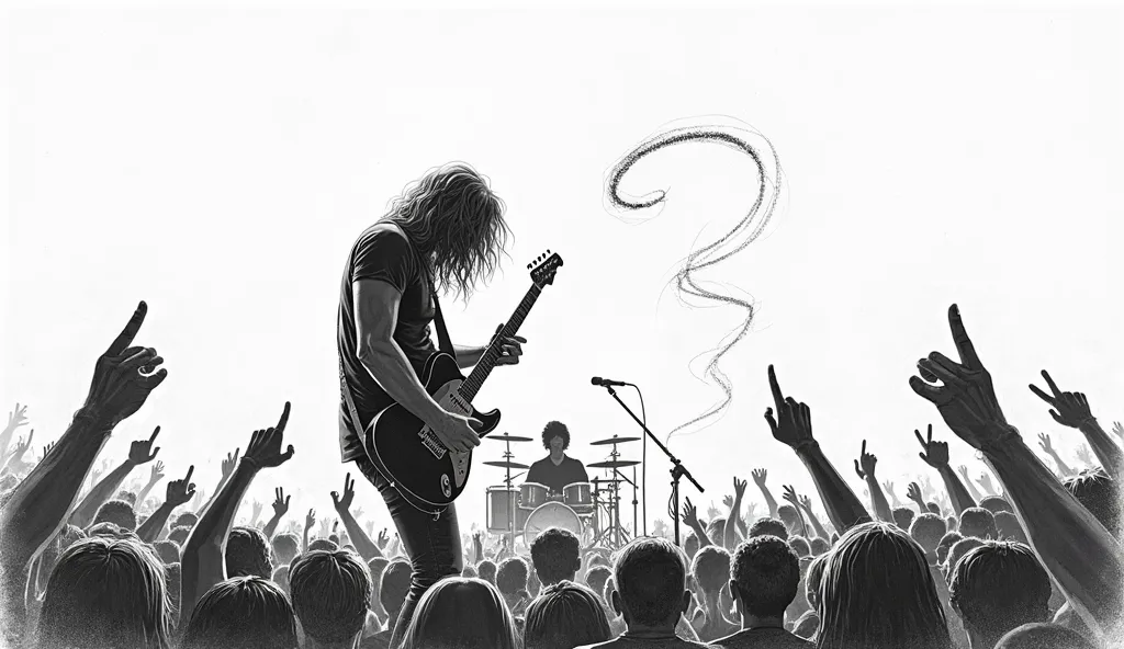 "A black-and-white sketch-style digital illustration of the lead guitar rock band performing on stage. The scene is full frame, with a white background and rough pencil strokes defining the figures and instruments. The lead guitarist, a man with long wave ...