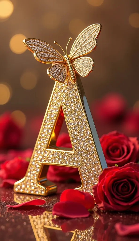 "Create a luxurious golden letter 'A' encrusted with sparkling diamonds. The letter should have a 3D effect with a metallic gold finish. A delicate golden butterfly with gemstone accents should be perched on top of the letter. Surround the letter with vibr...