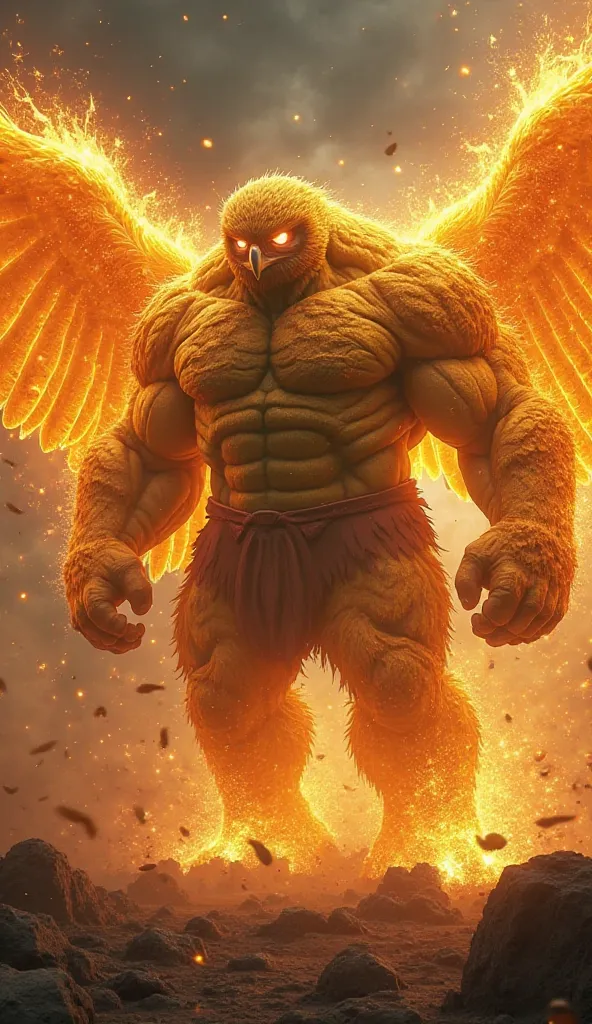 A towering fusion of Hulk’s raw power and the Sunflare Owl’s radiant majesty, this hybrid beast is a force of nature. Its massive, muscular frame is cloaked in molten-gold feathers that shimmer like the sun itself. Glowing eyes pierce through the darkness,...