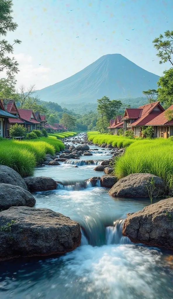 Clean river water flow,river rocks ,Indonesian village background, red tile roof,expanse of green grass,Mount Merapi,clear weather ,4k image , realistic ,indonesia,iPhone camera