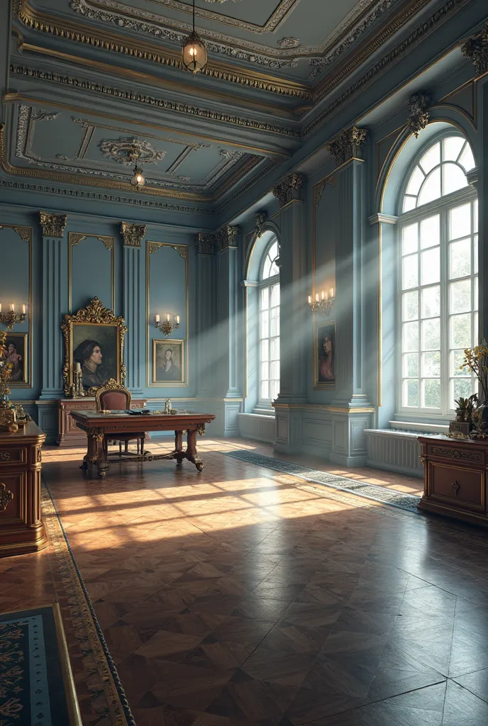 Huge classroom, art room, no people, fancy, rich, elegant, rich blue gray and white, separate table, LARGE ROOM 