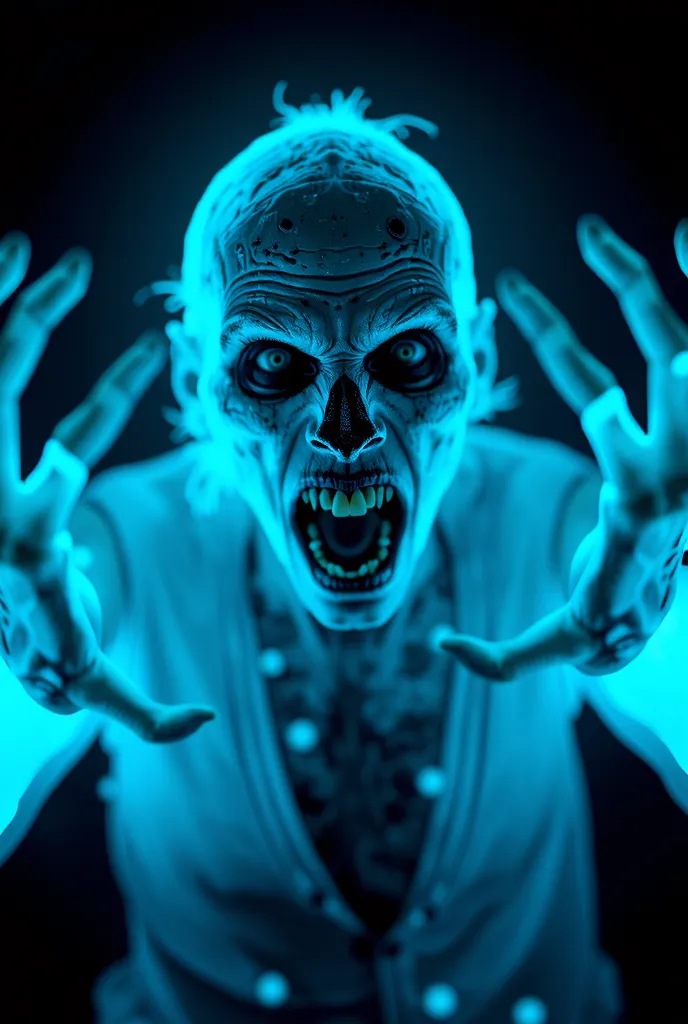 a zombie with a fluorescent light blue skin with a threatening gesture looks at the camera wanting to attack.