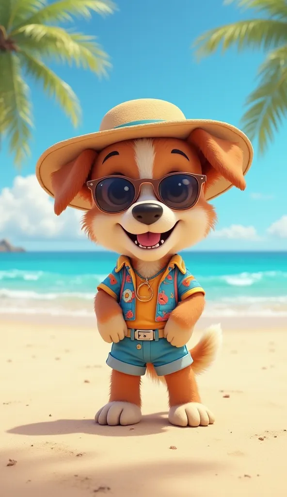 A cute anthropomorphic puppy walking on a beach, wearing shorts and a shirt, a hat and sunglasses.