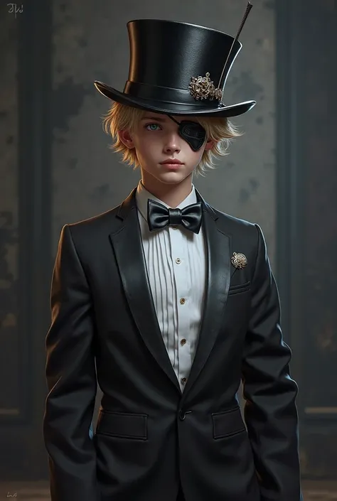 Blonde, Blue Eyed Boy、Wearing a tuxedo、 silk hat that slashes through enemy bodies、He has an eyepatch on one eye。