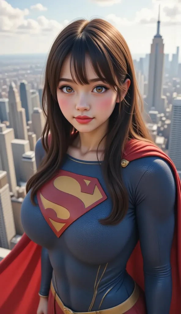 A 16-year-old Japanese girl, a giri, stands as a reimagined Superman. She possesses both youthful innocence and a captivating allure. Her deep blue eyes sparkle with determination and a hint of mischief. She's dressed in a classic 1980s Powergirl-style Sup...