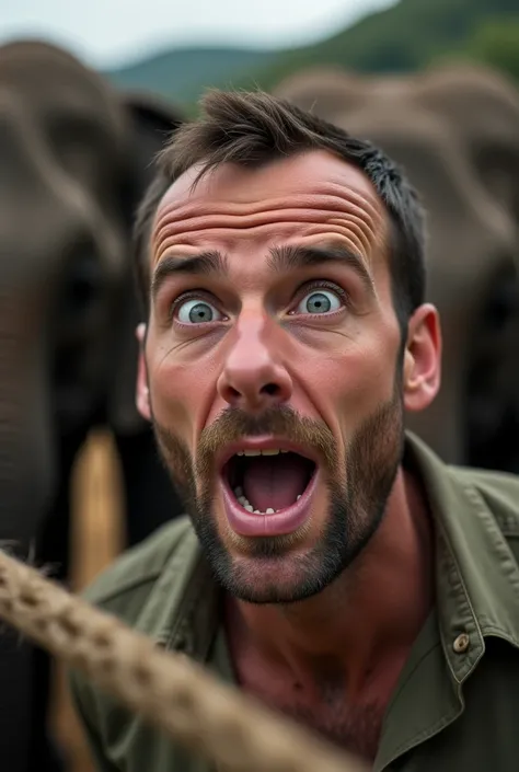 A close-up of the man's surprised face as he looks at the elephants, wondering why they are not breaking the weak ropes