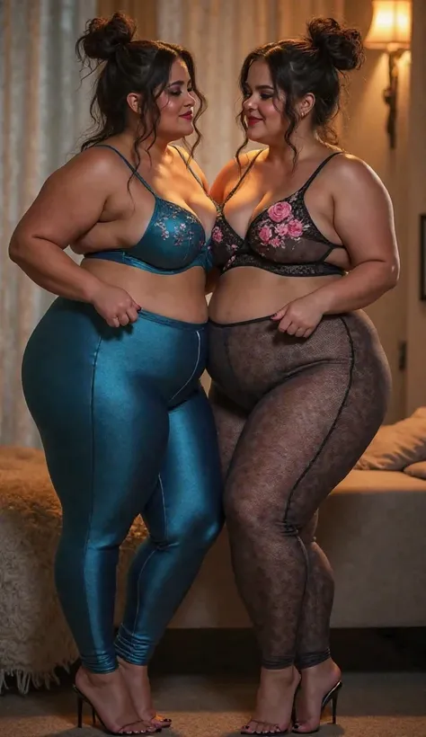  Two Bbw  worked in satin spandex pant . Blue bra with pink flowers. Curvy . Back . Hips. High heels , messy bun. Netted  lingerie