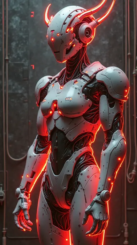 
,secret underground lab,BionicCyborg,Mechanical Tentacles arranged in head,Stands with Glowing red exo-skeleton,CyborgAngel,Neon Mechanic Cyberpunk Armor,Morse Code Symbols Written in Bodywork,Style of a Demonic Armor,Neon red Color Morse Code Symbols, me...