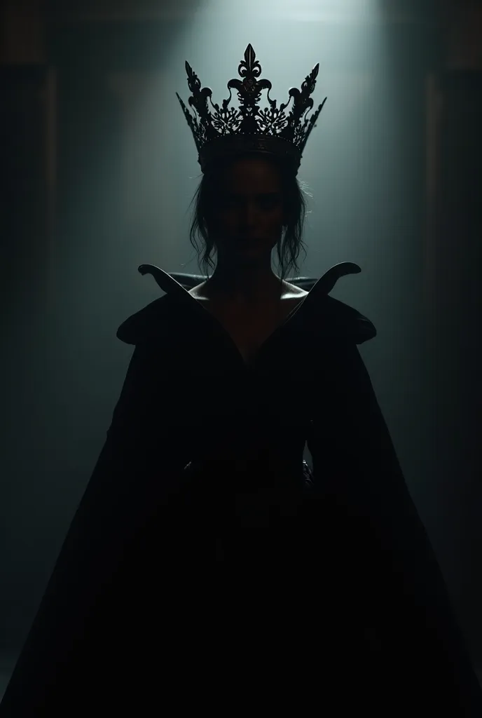 "A mysterious and dark silhouette of a queen in a dimly lit environment. Her body is mostly shadowed, but her elegant, ornate crown is prominently visible, gleaming with intricate details. The background is a moody black and grey gradient with soft, atmosp...