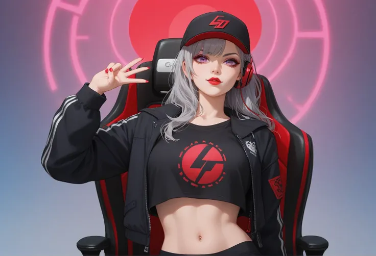 A young woman with short, light purple/gray hair, wearing a black baseball cap with a red logo, and red headphones. She is wearing a black crop top and a black jacket. Her makeup is done with bright reddish-pink lipstick and defined eyes. She is making a p...