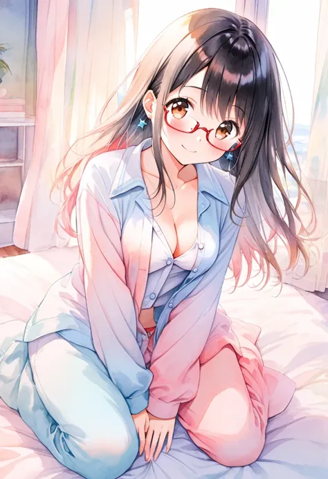 (ultra detailed:0.7), cover image, (soft pastel tones, watercolor, (bright color:1.3), transparent, gradation, harmonious and calm atmosphere:1.1),
1girl, , brown eyes are shining and cute, black hair, long hair, extremely detailed neat hair,Straight hair,...