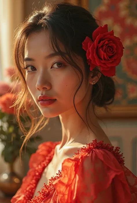 Vogue photoshoot of a glamorous young Myanmar ladies with a red rose on her hair, Wes Anderson style, full shot, enchanting lighting.