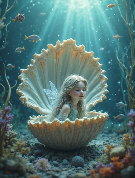 An open shell with a little mermaid with crystal wings peeking out at the bottom of the ocean
