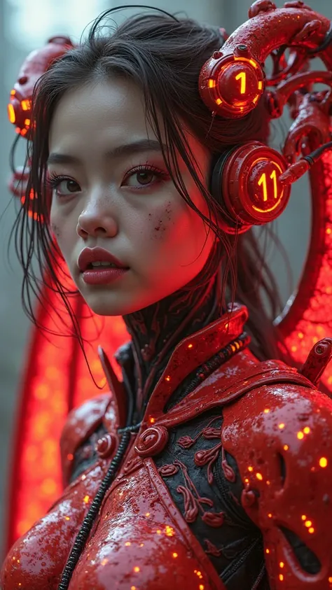 a girl with beautiful detailed eyes, beautiful detailed lips, extremely detailed eyes and face, long eyelashes, stands with a glowing red exo-skeleton, has mechanical tentacles arranged around her head, neon mechanic cyberpunk armor, morse code symbols wri...