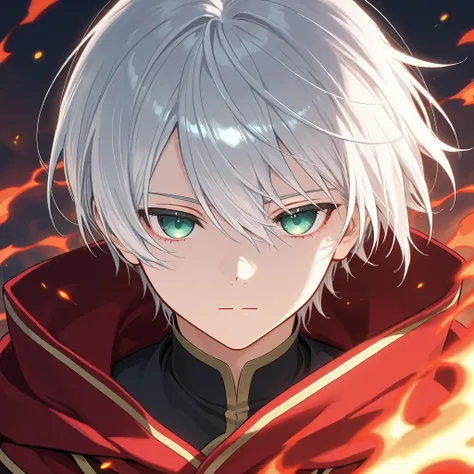 One person　Single　 Silver Hair　 green eyes　inflammation　 blue eye　 expressionless　wizard　shining eyes　 beautiful eyes　long side hair 　 clear eyes　 black and red robe 　 male　　short hair