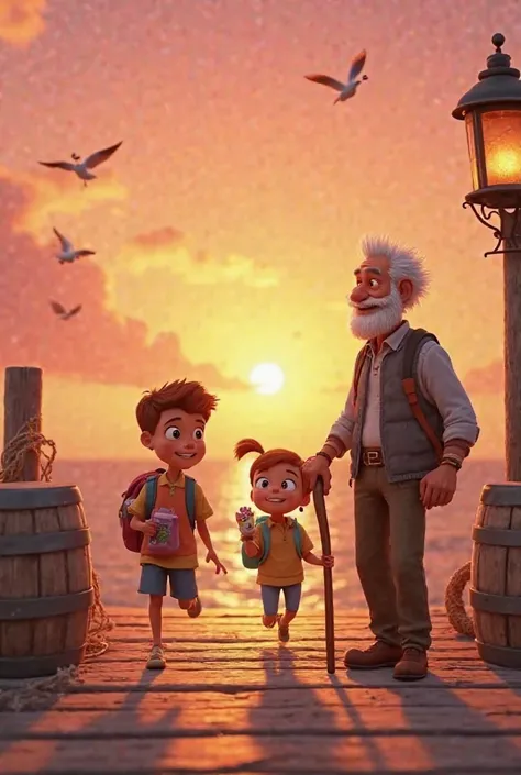 A peaceful 3D cartoon sunset scene at a wooden dock, where the sky fades from orange to pink. Grandpa Joe stands with his wooden cane, smiling as Liam and Mia run toward him, their backpacks filled with trinkets from the adventure. Captain Paws rests on Gr...