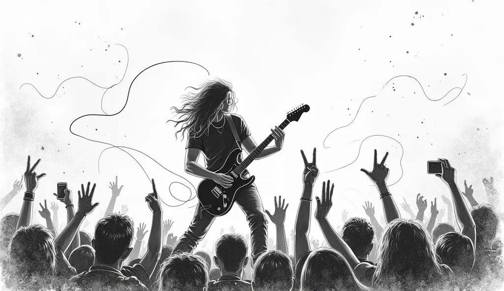 "A black-and-white sketch-style digital illustration of the lead guitar rock band performing on stage. The scene is full frame, with a white background and rough pencil strokes defining the figures and instruments. The lead guitarist, a man with long wave ...