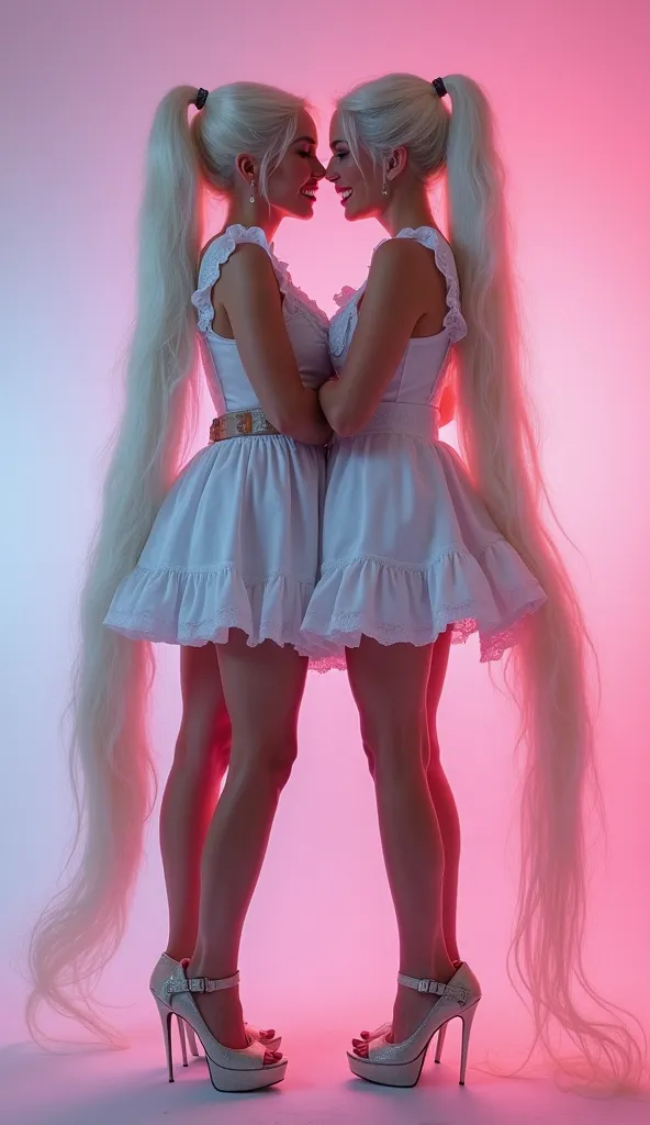 

 mature identical twin girl, white hair with a high tail, Long tail,  Pamela Anderson , двойняшки their hair styled long ponytail hair, ,big boobs

Curvy sexy maid dress 

High platform shoes with high heels in white

 realistic neon lighting , ,  smilin...