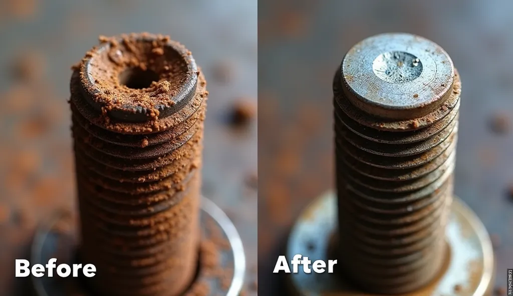 A before-and-after comparison of a rusted bolt treated with Kroil. The left side should depict a corroded bolt covered in rust, while the right side shows the same bolt clean and loosened after applying Kroil. A subtle overlay text should indicate ‘Before’...