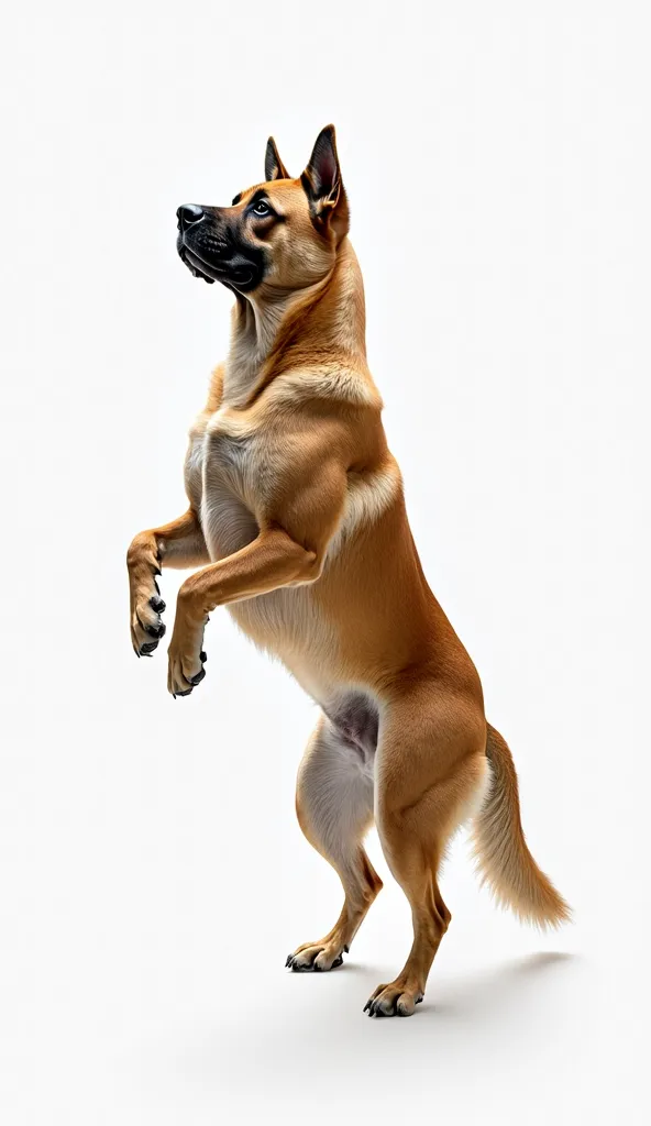 photo of a large dog standing on its hind legs , On a white background,   mid down