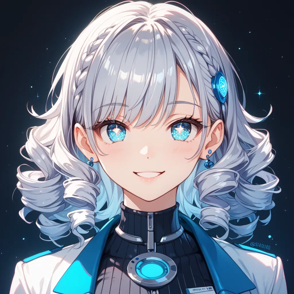 Android with a slim and nimble body、round and gentle face、big sparkling eyes、long curly hair with silver、dark gray tight jacket with blue glowing lines、 lab、smile、bright and friendly expression、Soft, human-like texture、(Show only faces:1.8)、( and look at i...