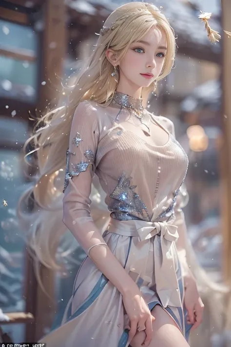 ( realistic :1.8,  top quality made of straw:1.8,  8k Masterpiece  :1.8, HD ,  debris flies:1.8),A 23-year-old woman standing on a     Snowy Mountains 々 , fantasy,(transparent dress skirt    ,Transparent shawl  、 elegant earrings 、 choker),  Beautiful deli...