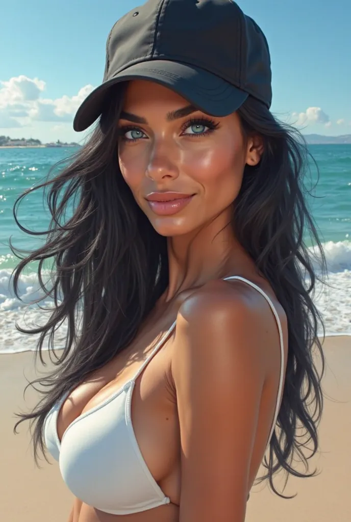  Hyperrealistic painting by Adriana Lima Prime,    beautiful  ,  unreal beauty    ,    angel face  ,   Miss Universe Blue Eyes   ,  black hair (CW 100(character weight 100) (smiles and takes selfies against the beach and sea) ((she shows a white swimsuit t...