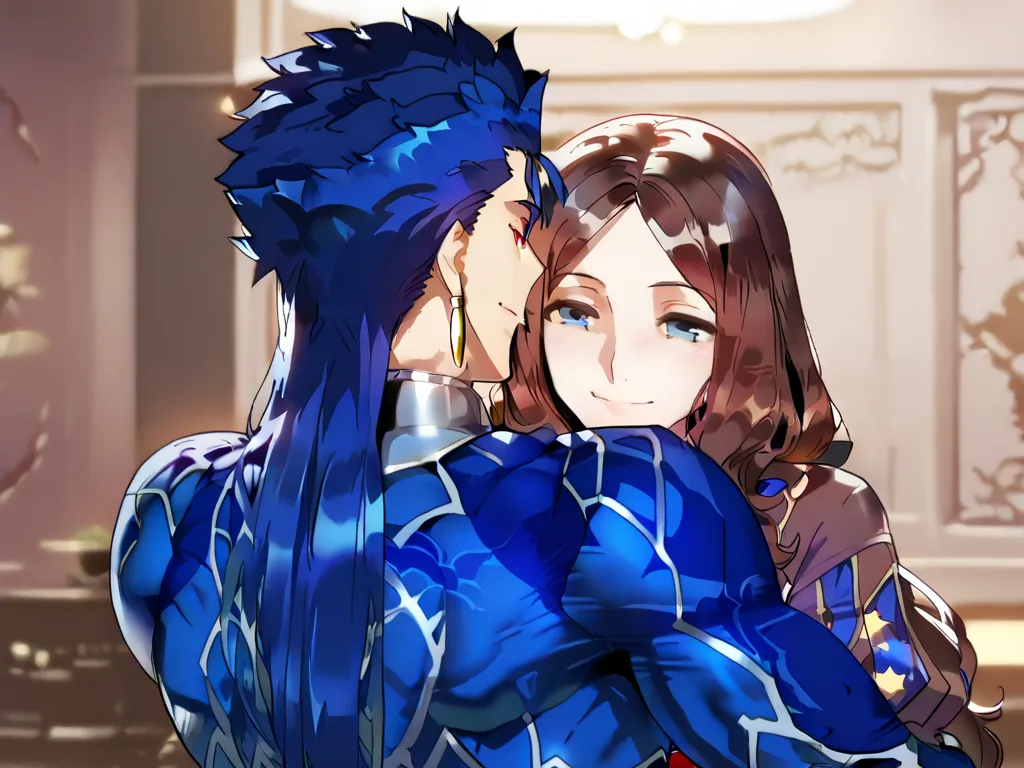 Cu_Chulainn(fate), blue_hair, red_eyes, Leonardo_da_vinci(Fate), Brown_hair, Blue_eyes, 1boy, 1girl, hug, smile