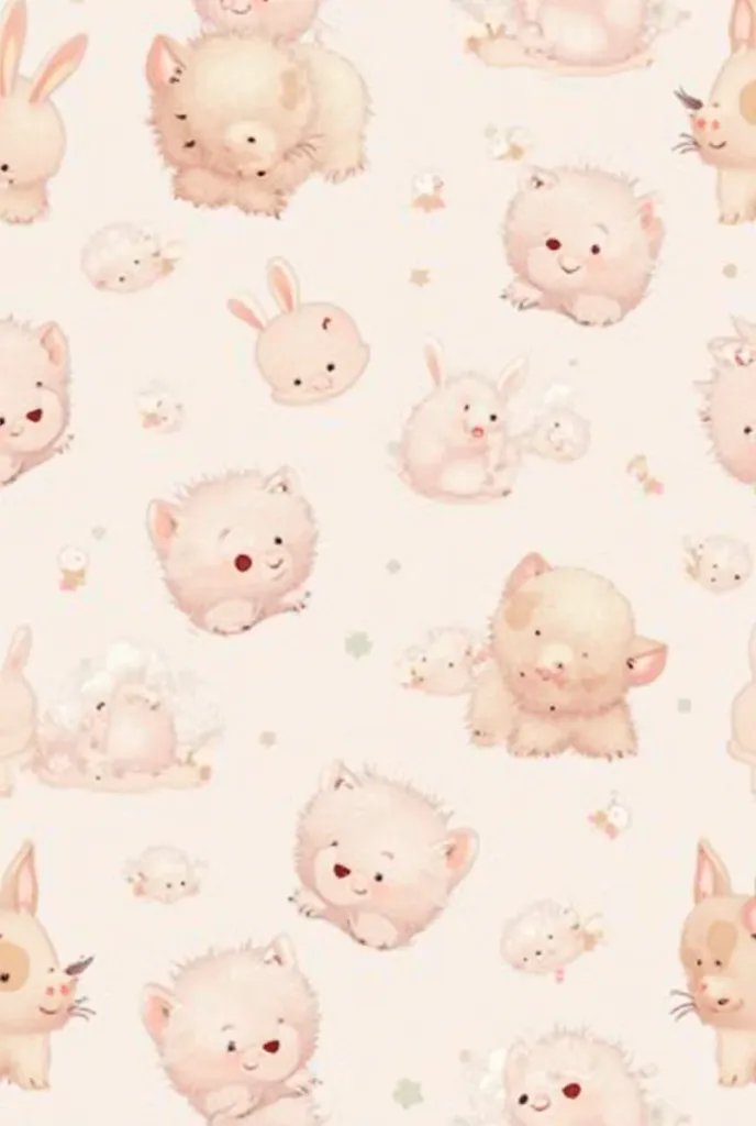 "A seamless pattern of adorable baby animals, including kittens, puppies, and bunnies, in pastel colors with soft outlines, on a light pink background."