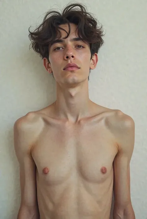 An 18-year-old boy, 2 meters tall, medium white skin, crooked nose, full breasts