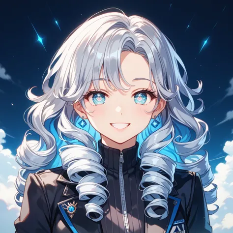 Android with a slim and nimble body、round and gentle face、big sparkling eyes、(long curly hair with silver:1.3)、dark gray tight jacket with blue glowing lines、 lab、smile、bright and friendly expression、Soft, human-like texture、(Show only faces:1.8)、( and loo...