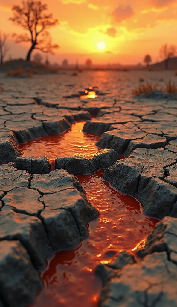 Close-up of cracked ground with toxic waste, dark atmosphere, orange sky