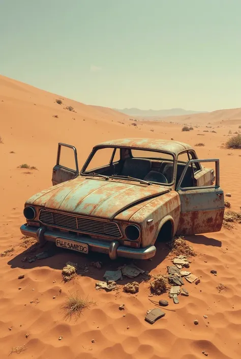 A rusted, half-buried car sitting in the middle of a remote desert. The doors are slightly open, and a wallet and some belongings are scattered inside. The scene feels abandoned and eerie.