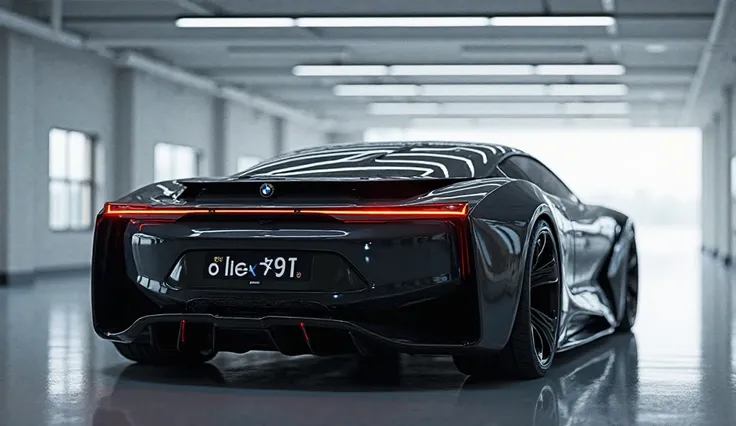 A captivating 3D render of thefuturistic (New (2025 BMW inext) showcasing a sleek, glossy black design that demands attention. The back view highlights cutting-edge LED headlights spanning the cars s entire width, providing a high-visibility appearance and...