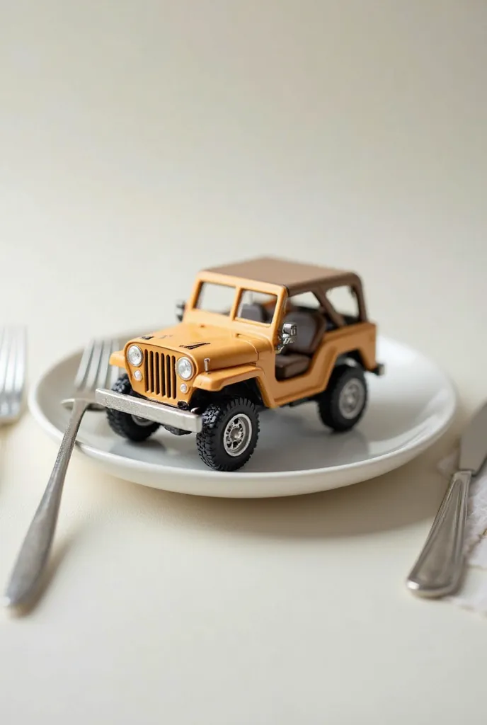 A light brown jeep figure on a plate with a fork and knife