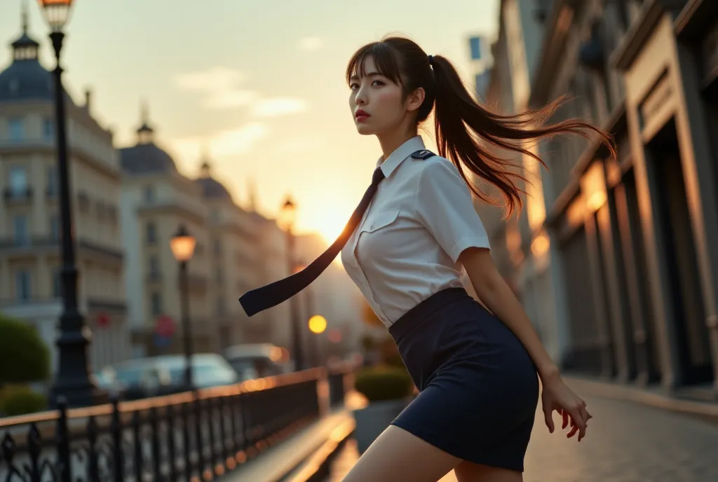 Sexy beautiful Japanese woman, a self defense officer uniform, wearing a white short-sleeved shirts, navy blue tie, navy blue pencil skirt, Black patent high heels, beautiful hip-line, Beautiful thighs, dynamic Angle, Realistic, (wide angle:1.3), (all body...