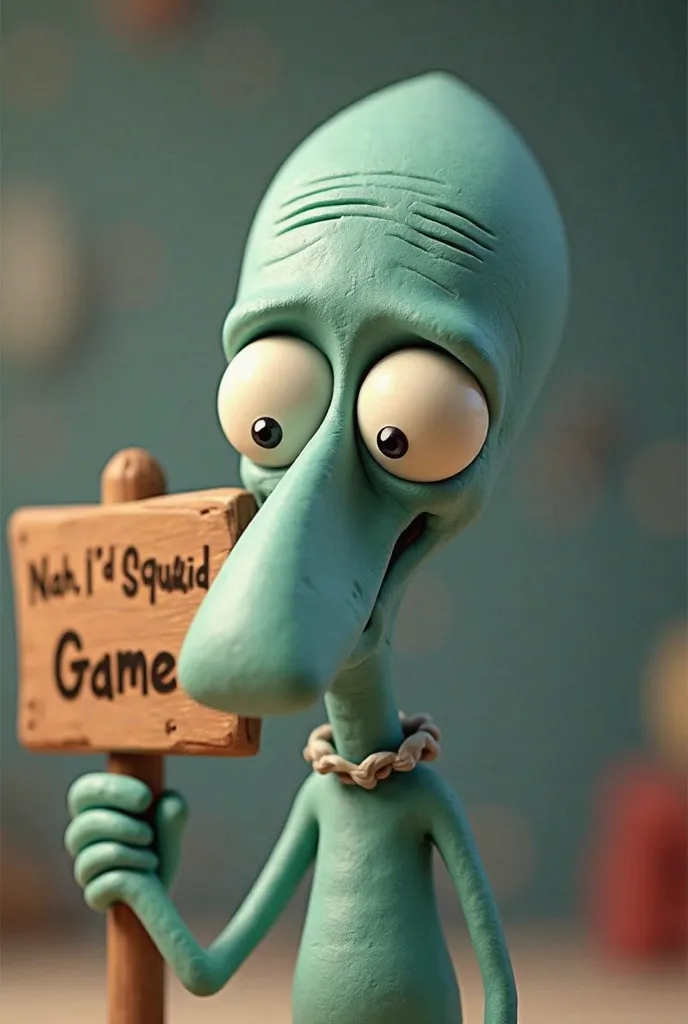 Handsome Squidward from SpongeBob Cartoon, specifically his handsome version, profile camera angle, like gojo from jjk he is smirking, looking straight into the camera, doing the famous gojo's template: "nah, id win", but instead the sign near him sign say...