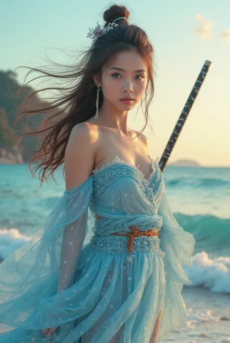 A charming blue-eyed beautiful woman, Sexy red lips busty big and full and mysterious brown hair mix long fluttering gently blown in the wind wearing pastel blue hanfu dress strapless standing hovering while holding a long katana full of thick red blood lu...