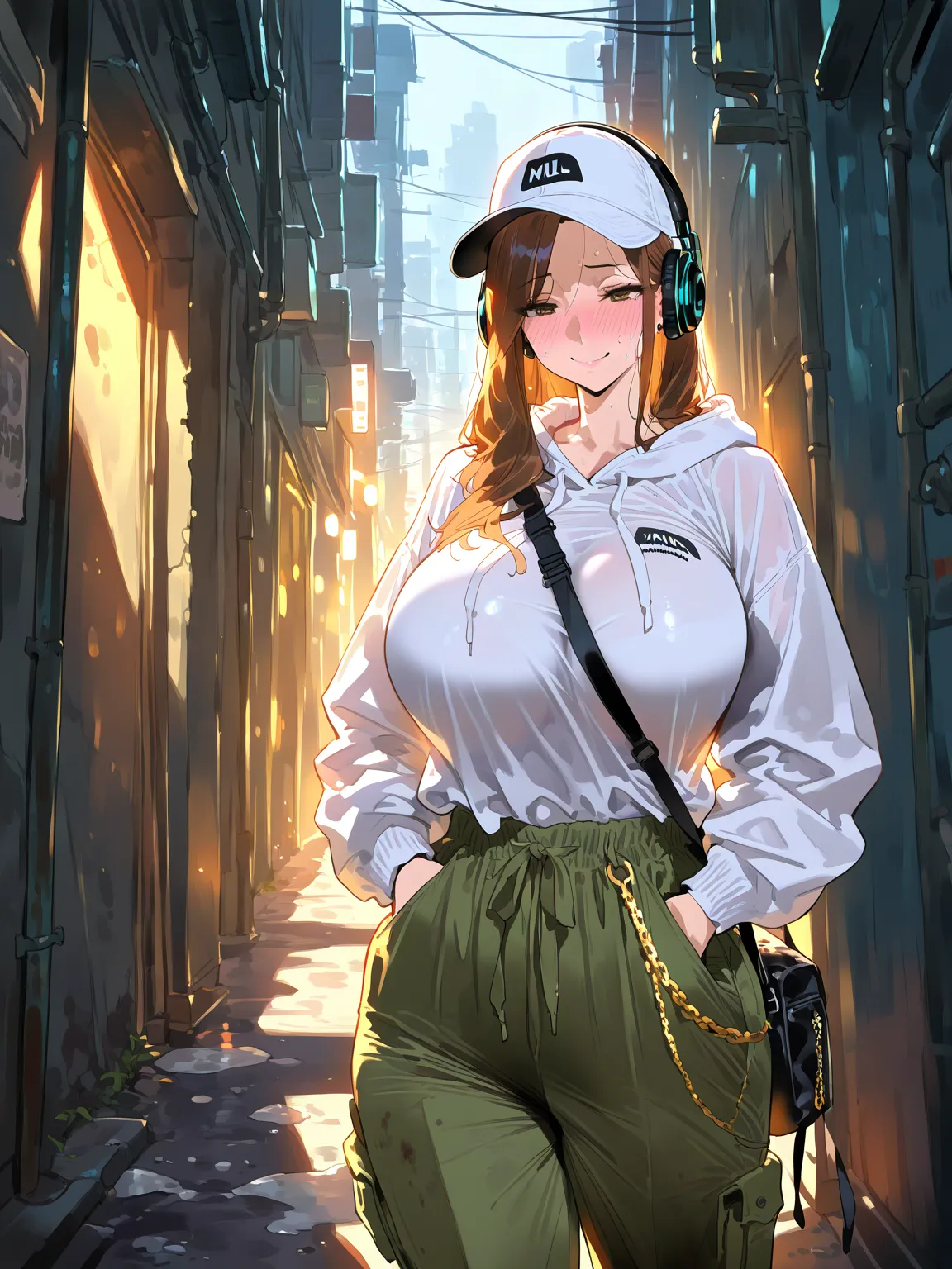 (masterpiece, best quality, amazing quality, very aesthetic, cinematic lighting:1.4,incredibly_absurdres), Dirty alley, 1girl, \((milf), (mature woman), Solo, large breasts, long hair, straight hair, brown hair, White oversized hoodie, white snapback cap, ...