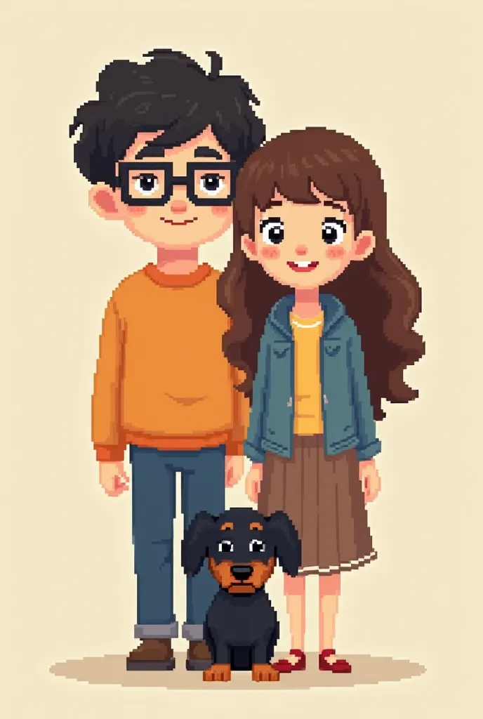 Create a family where you have a man with black hair and square glasses similar to Harry Potter and a short woman with long brown hair with a square fringe with a little black daschund in pixel style 