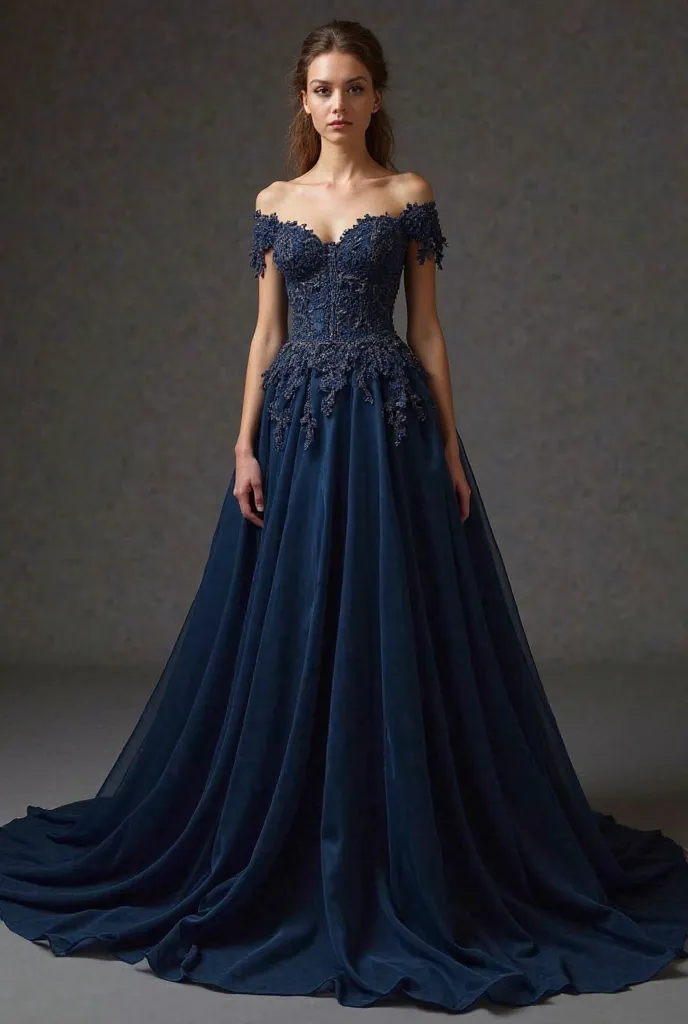 Create a ball gown, long and open navy blue, with delicate embroidery and a corset at the waist, with the short straps that fall on the arms