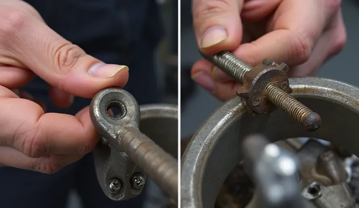 A maintenance guide visual showing a mechanic inspecting and replacing a worn-out cotter pin. The image should depict side-by-side comparisons of a new cotter pin and a rusted, damaged one. The setting should be a professional workshop with proper lighting...