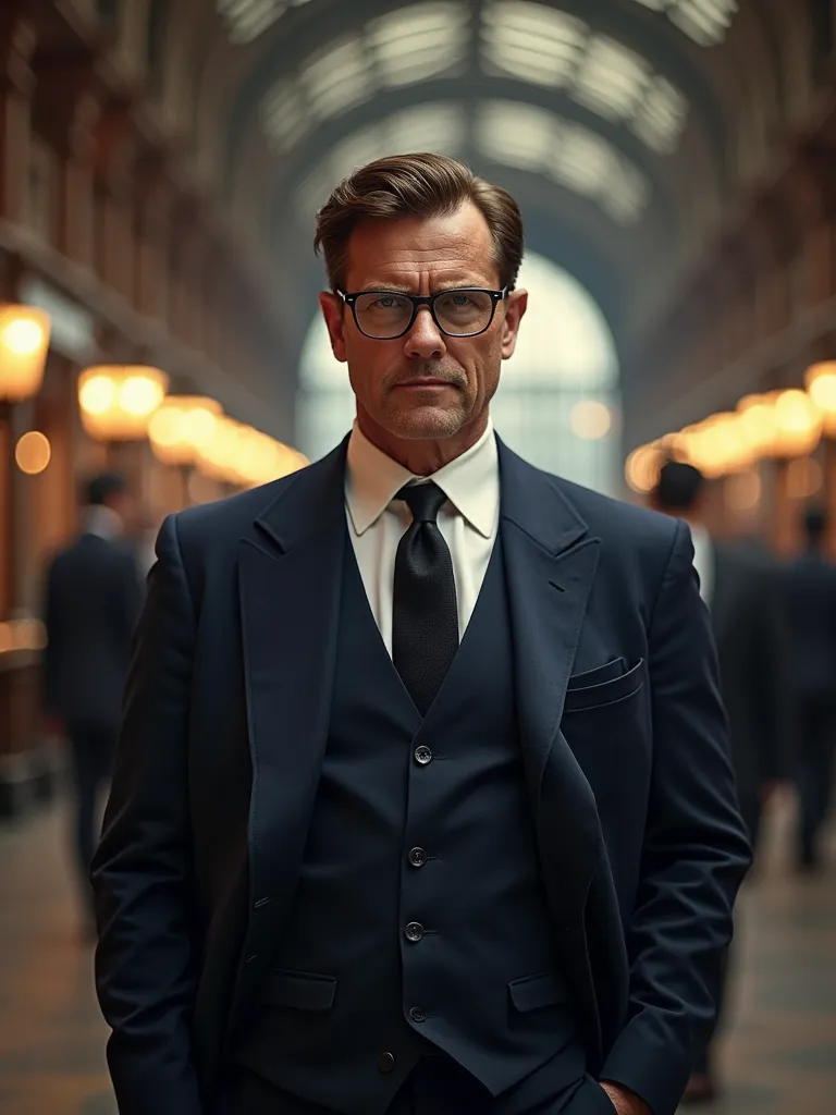 Gentlemen brown hair dark navy Blue suit black tie square framed glasses 35 years of age waiting at the railway station for the overnight express