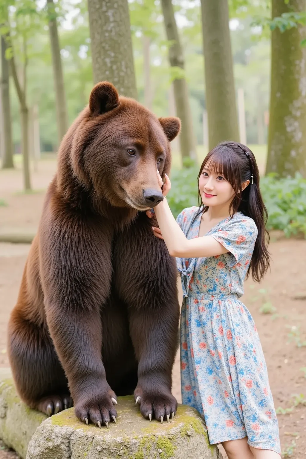 {
  "prompt": "A woman interacting gently with a Hokkaido brown bear, with the bear looking content and relaxed, mesmerized by her kindness. The woman is wearing a cute, colorful dress, with a joyful and serene expression. The scene is set in a peaceful, n...